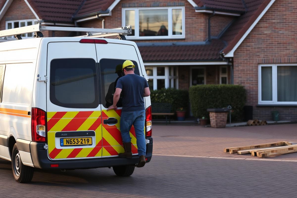Werkbus van G. Timmer Totaalbouw in een woonwijk in Putten